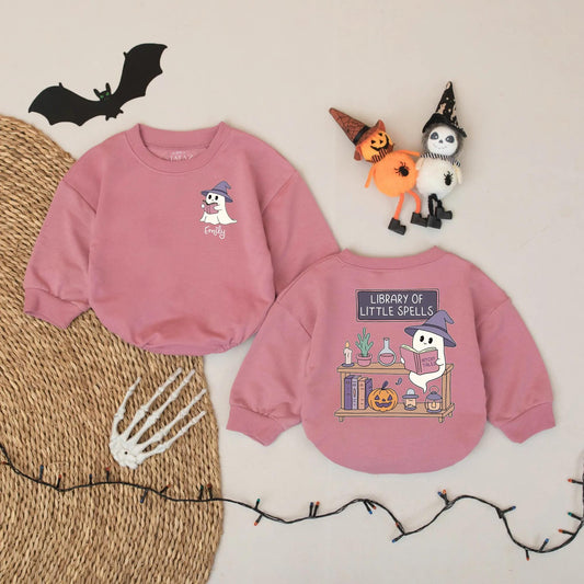 Ghost Reading Baby Romper Personalized Halloween Outfit for Book Loving Babies Custom Name Gift