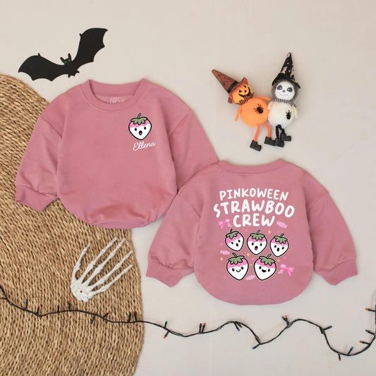 Strawberry Boo Crew Baby Romper Personalized Pinkoween Outfit Custom Name Halloween Baby Bodysuit