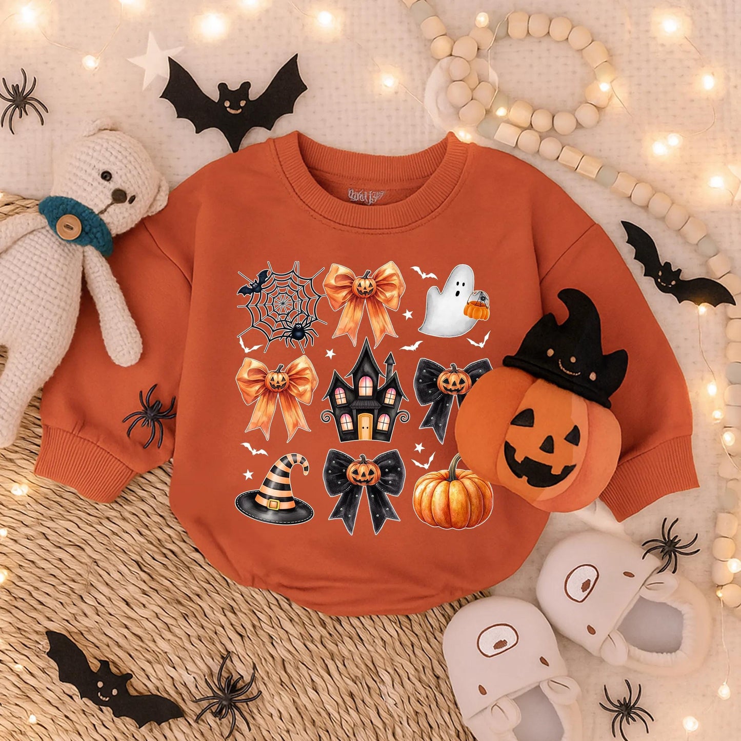 Custom Preppy Halloween Spooky Baby Ghost Bubble Romper with Cute Pumpkin Design Oversized Bodysuit Fall Infant Costume Outfit for Toddlers