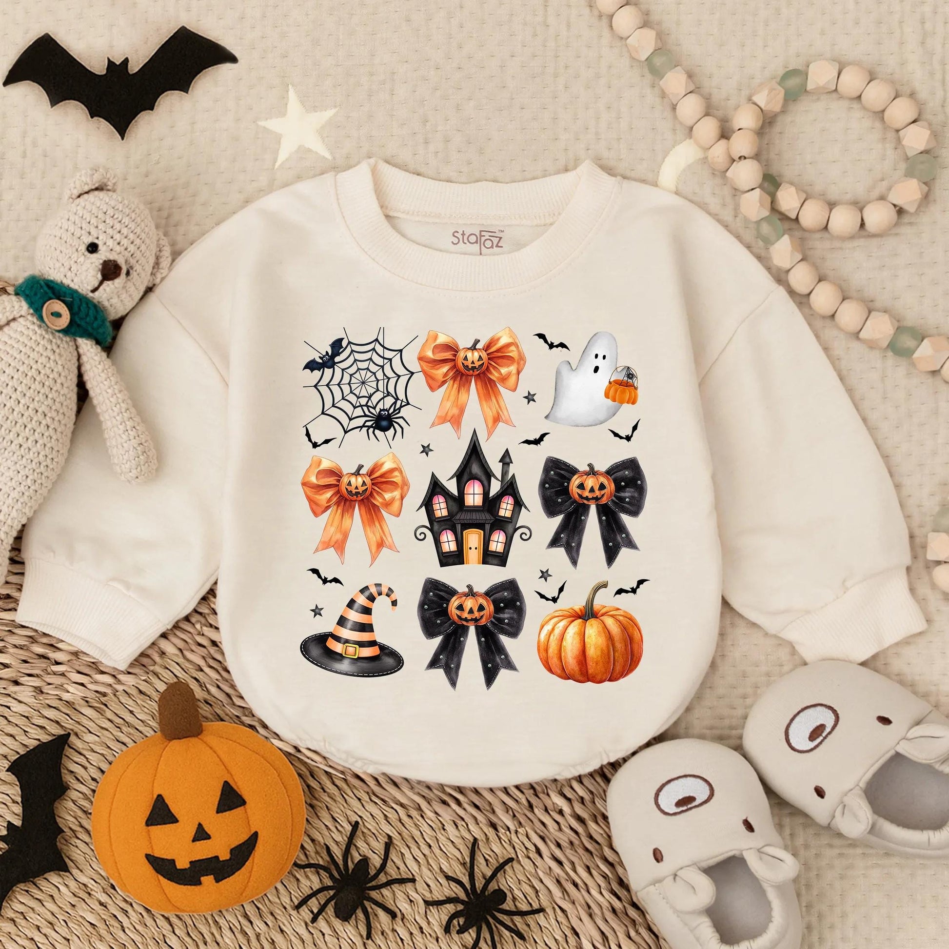 Custom Preppy Halloween Spooky Baby Ghost Bubble Romper with Cute Pumpkin Design Oversized Bodysuit Fall Infant Costume Outfit for Toddlers