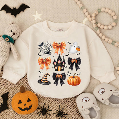 Custom Preppy Halloween Spooky Baby Ghost Bubble Romper with Cute Pumpkin Design Oversized Bodysuit Fall Infant Costume Outfit for Toddlers