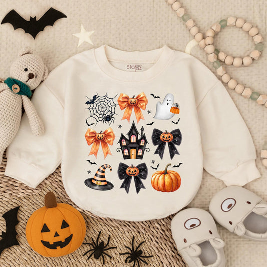 Custom Preppy Halloween Spooky Baby Ghost Bubble Romper with Cute Pumpkin Design Oversized Bodysuit Fall Infant Costume Outfit for Toddlers