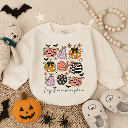 Hey There Pumpkin Baby Romper - Spooky Halloween Outfit for Baby Boy or Girl - Retro Glitter Autumn Clothes - First Halloween Bodysuit