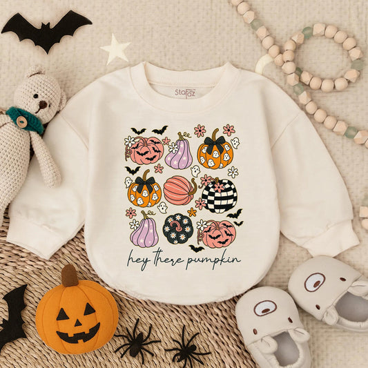 Hey There Pumpkin Baby Romper - Spooky Halloween Outfit for Baby Boy or Girl - Retro Glitter Autumn Clothes - First Halloween Bodysuit
