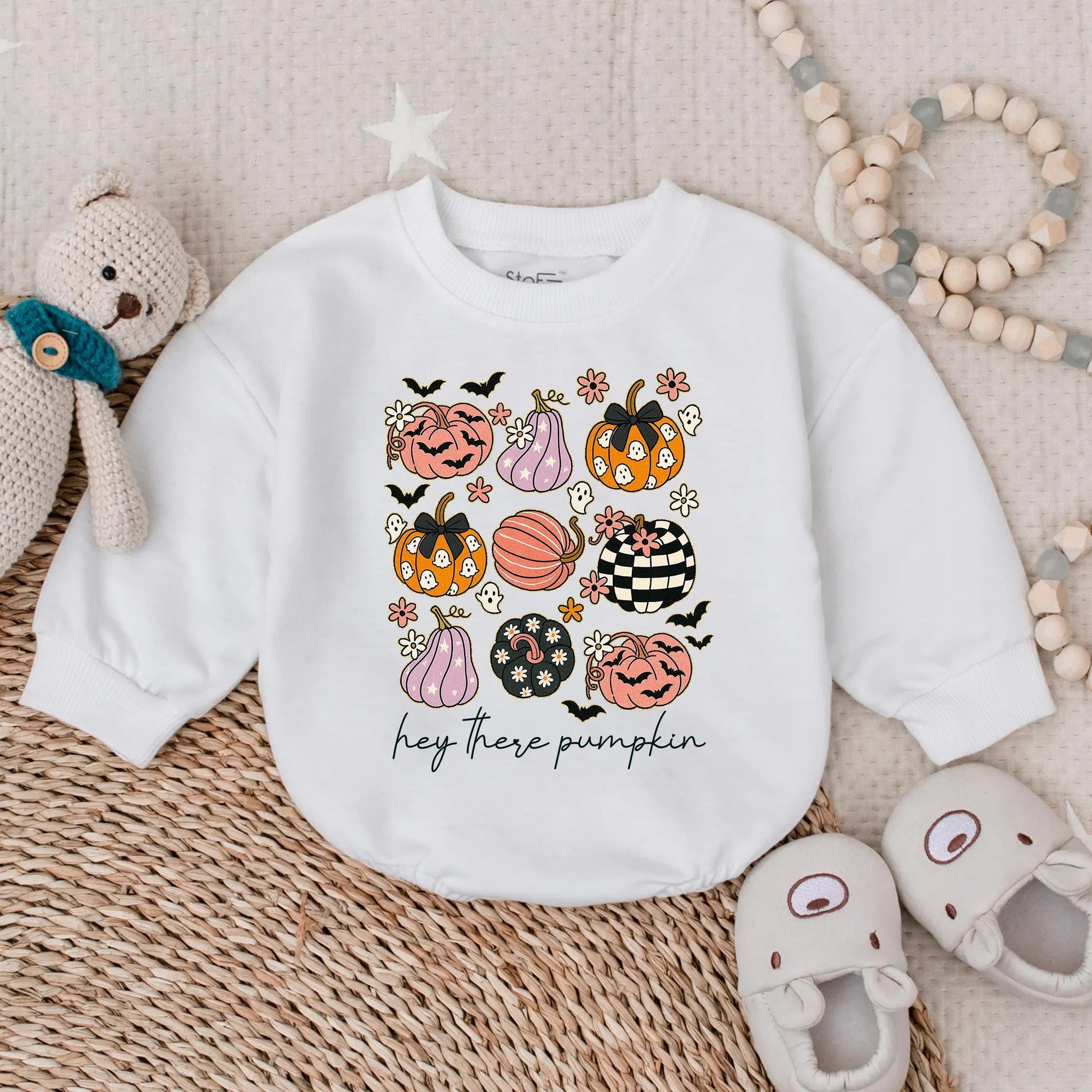 Hey There Pumpkin Baby Romper - Spooky Halloween Outfit for Baby Boy or Girl - Retro Glitter Autumn Clothes - First Halloween Bodysuit
