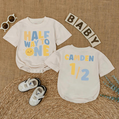 Personalized Sunshine Half Birthday Baby Romper Custom Name 6 Months Milestone Gift Bodysuit for Baby Boys Summer Sun Theme Outfit