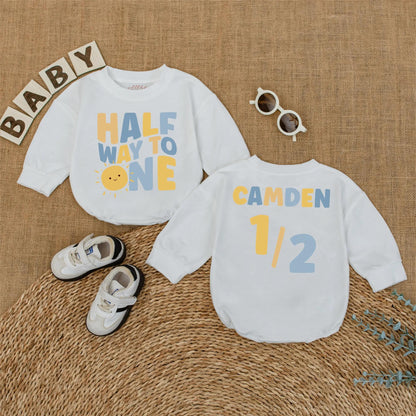 Personalized Sunshine Half Birthday Baby Romper Custom Name 6 Months Milestone Gift Bodysuit for Baby Boys Summer Sun Theme Outfit