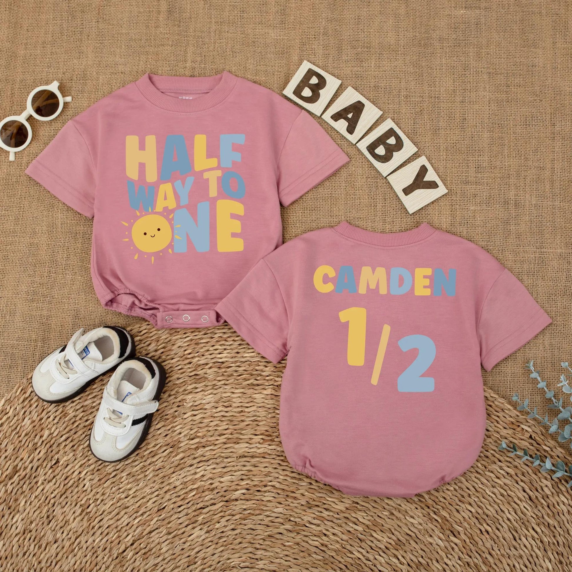 Personalized Sunshine Half Birthday Baby Romper Custom Name 6 Months Milestone Gift Bodysuit for Baby Boys Summer Sun Theme Outfit