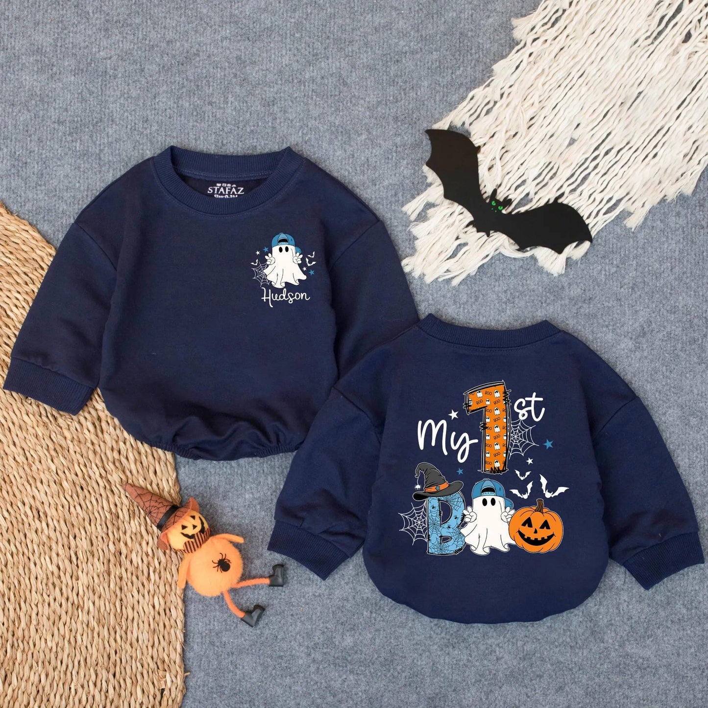 Custom My First Boo Boy Romper Baby's 1st Halloween Outfit Cute Ghost Pumpkin Bodysuit Spooky Fall Baby Clothes Name Bubble Romper