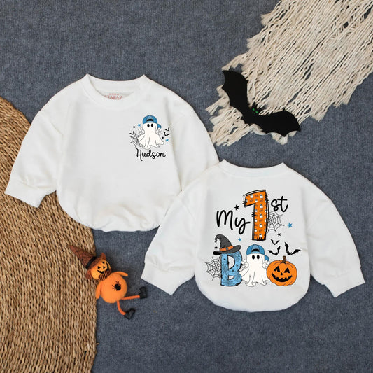 Custom My First Boo Boy Romper Baby's 1st Halloween Outfit Cute Ghost Pumpkin Bodysuit Spooky Fall Baby Clothes Name Bubble Romper