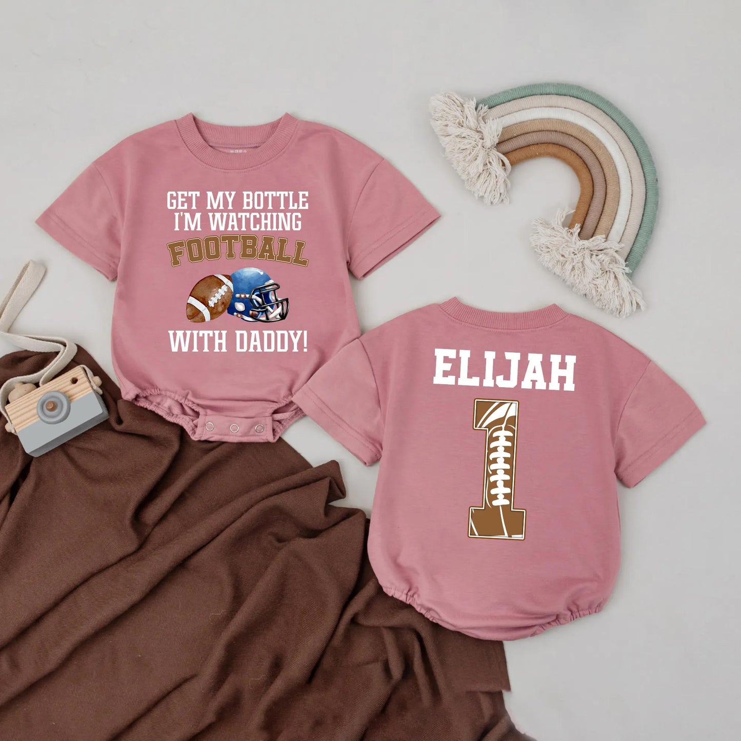 Personalized Baby Boy Football Romper Game Day Bodysuit featuring Get My Bottle I’m Watching Football With Daddy Quote Sports Outfit Cute Baby Shower Gift