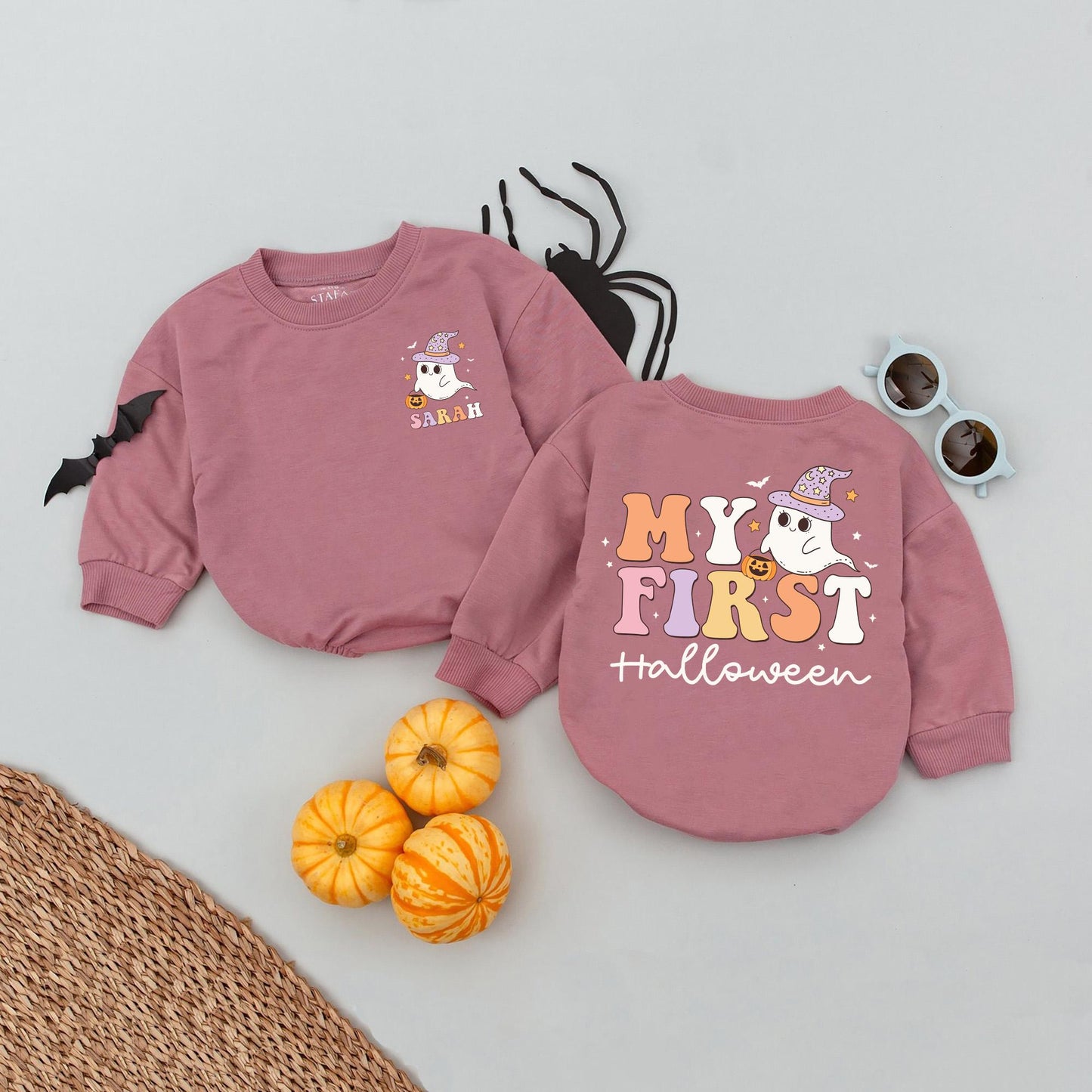 Custom Name My First Halloween Baby Romper, Pumpkin Bodysuit Outfit, Infant Fall Clothes, Retro Autumn Baby Gift, Spooky Season Wear (135 chars)