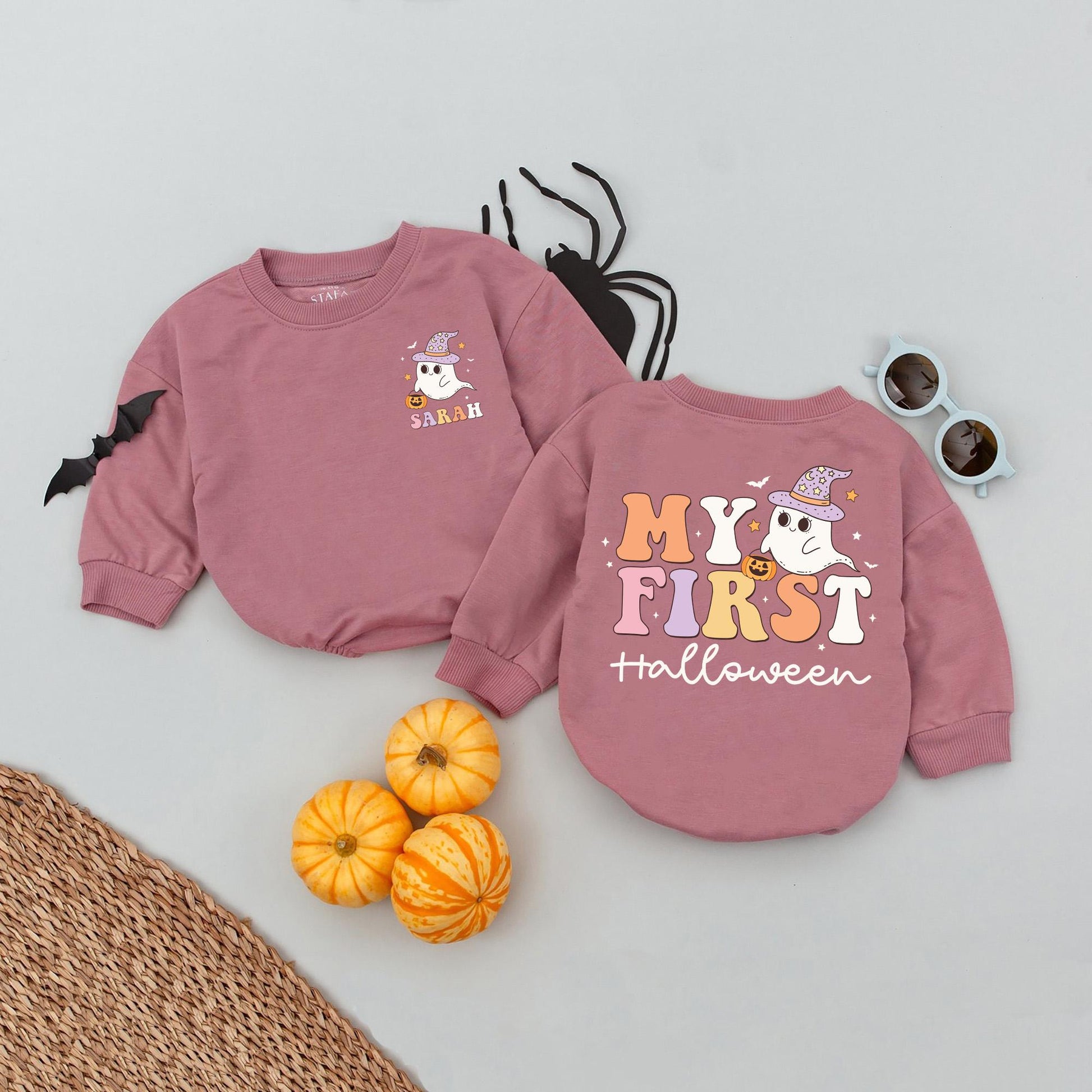 Custom Name My First Halloween Baby Romper, Pumpkin Bodysuit Outfit, Infant Fall Clothes, Retro Autumn Baby Gift, Spooky Season Wear (135 chars)