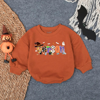 Personalized Baby Name Halloween Romper Sweatshirt, First Halloween Baby Bodysuit for Boy Girl Newborn Fall Outfit, Retro Bubble Romper Gift