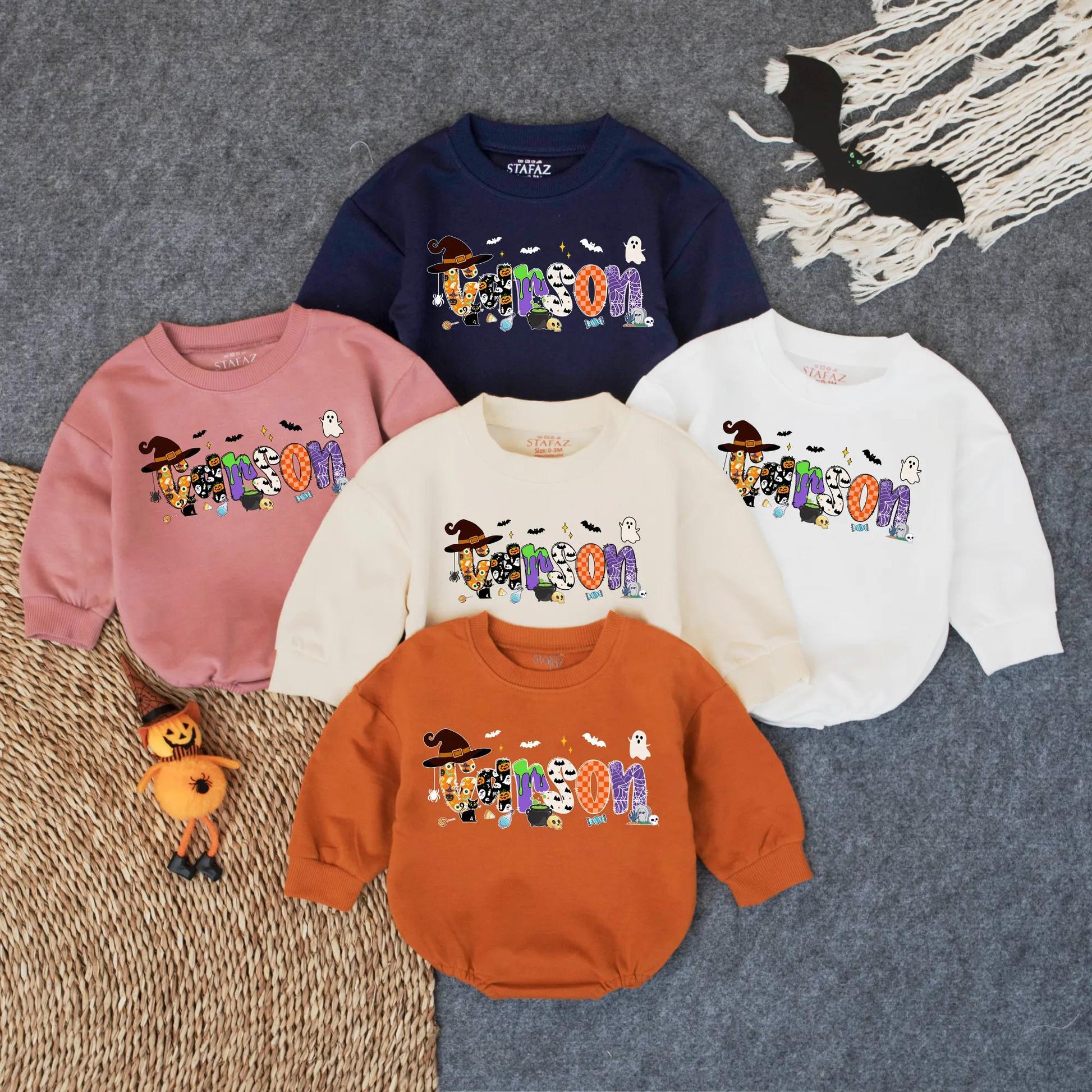 Personalized Baby Name Halloween Romper Sweatshirt, First Halloween Baby Bodysuit for Boy Girl Newborn Fall Outfit, Retro Bubble Romper Gift