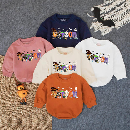 Personalized Baby Name Halloween Romper Sweatshirt, First Halloween Baby Bodysuit for Boy Girl Newborn Fall Outfit, Retro Bubble Romper Gift