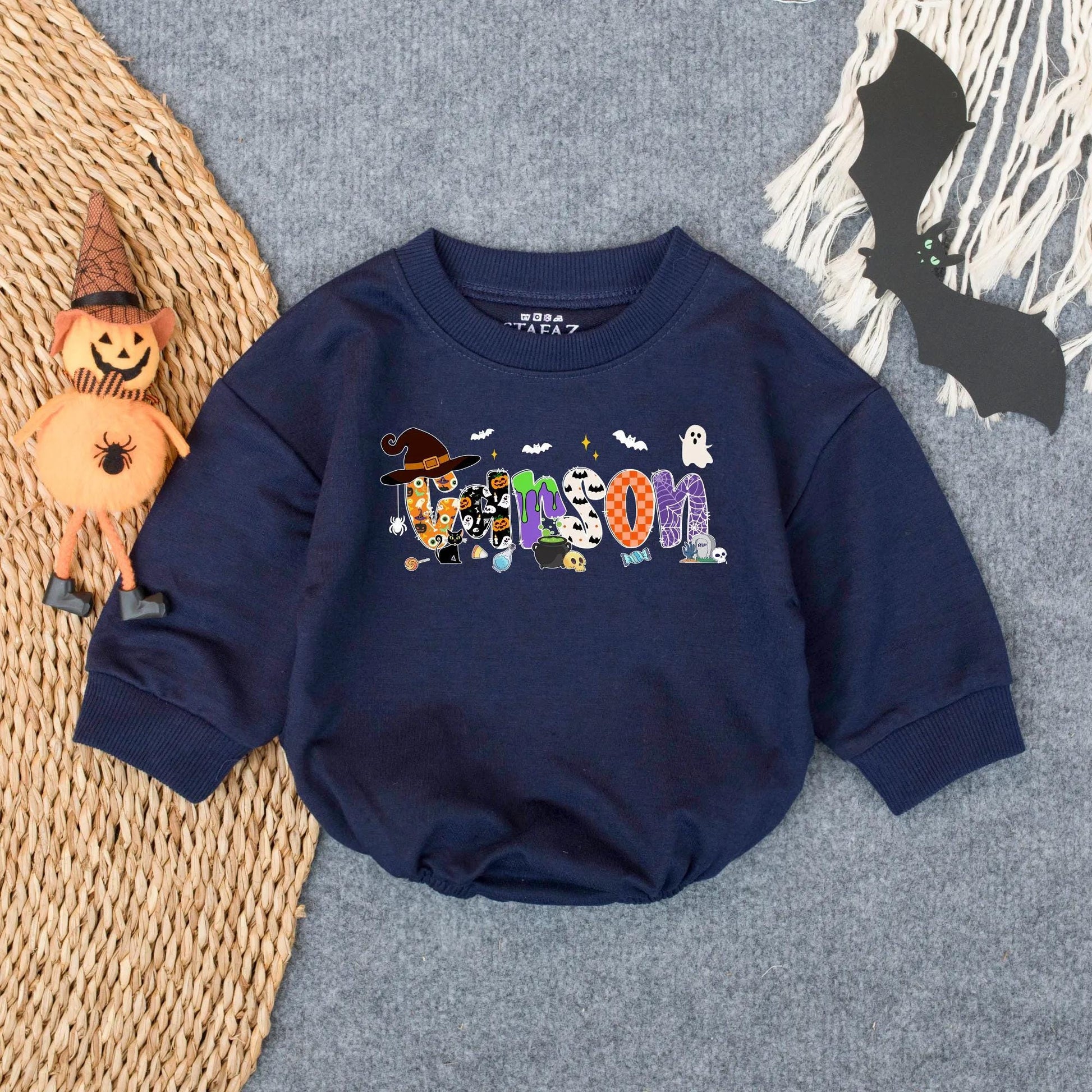 Personalized Baby Name Halloween Romper Sweatshirt, First Halloween Baby Bodysuit for Boy Girl Newborn Fall Outfit, Retro Bubble Romper Gift