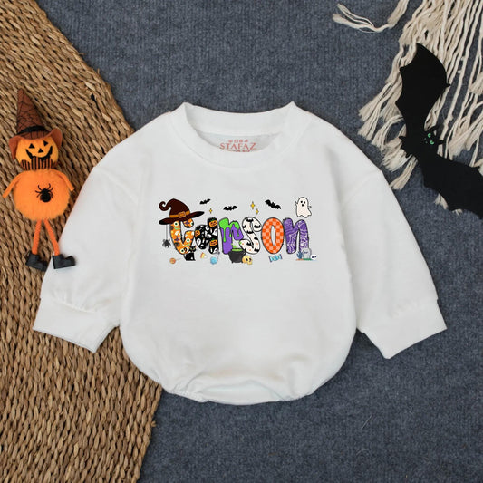 Personalized Baby Name Halloween Romper Sweatshirt, First Halloween Baby Bodysuit for Boy Girl Newborn Fall Outfit, Retro Bubble Romper Gift