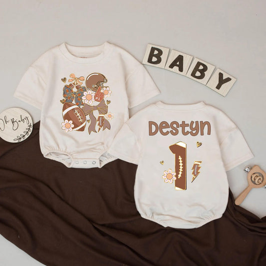 Personalized Football Baby Boy Romper 1st Birthday Outfit Custom Name Floral Football Sports Baby Clothes One Year Down Gift