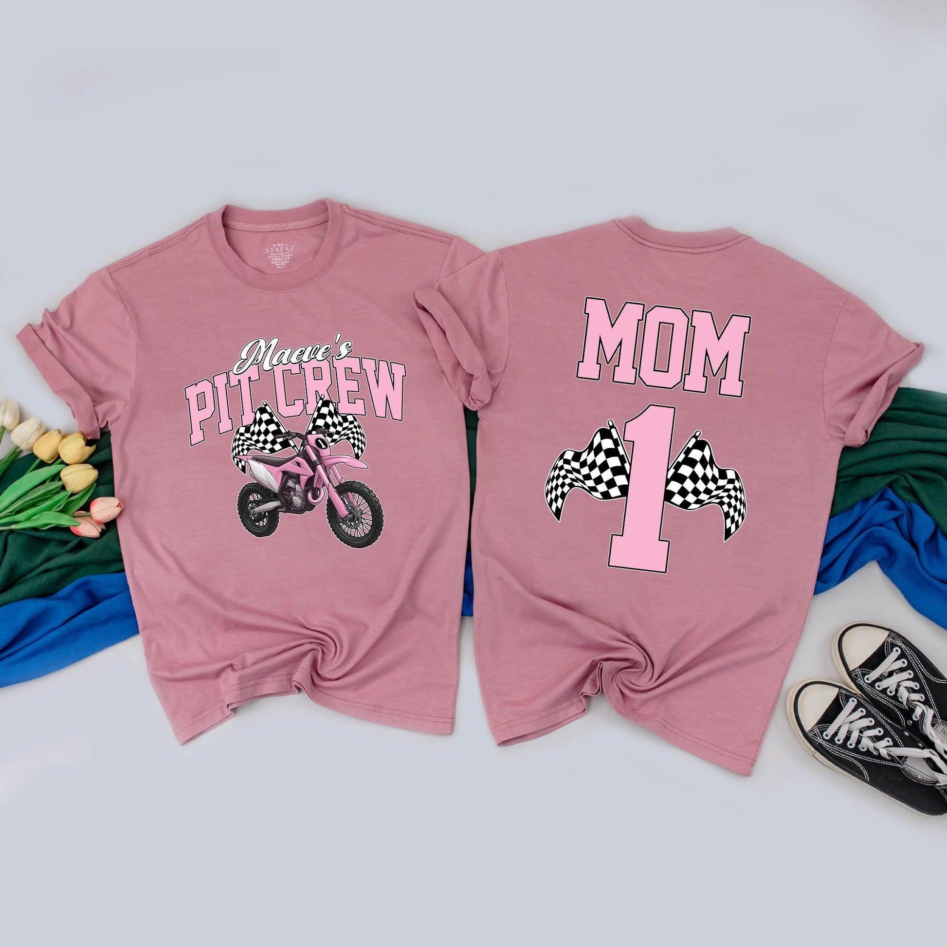Maeve's Pit Crew Fast One Dirt Bike Birthday Girl Romper Mama & Me Matching Family Outfit 1st Birthday Outfit Pink