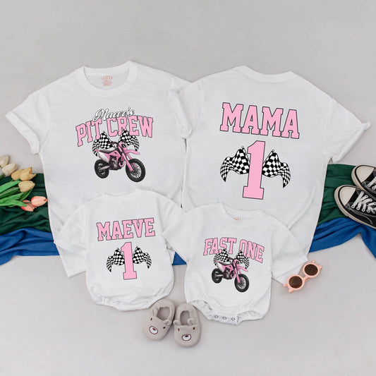 Maeve's Pit Crew Fast One Dirt Bike Birthday Girl Romper Mama & Me Matching Family Outfit 1st Birthday Outfit Pink