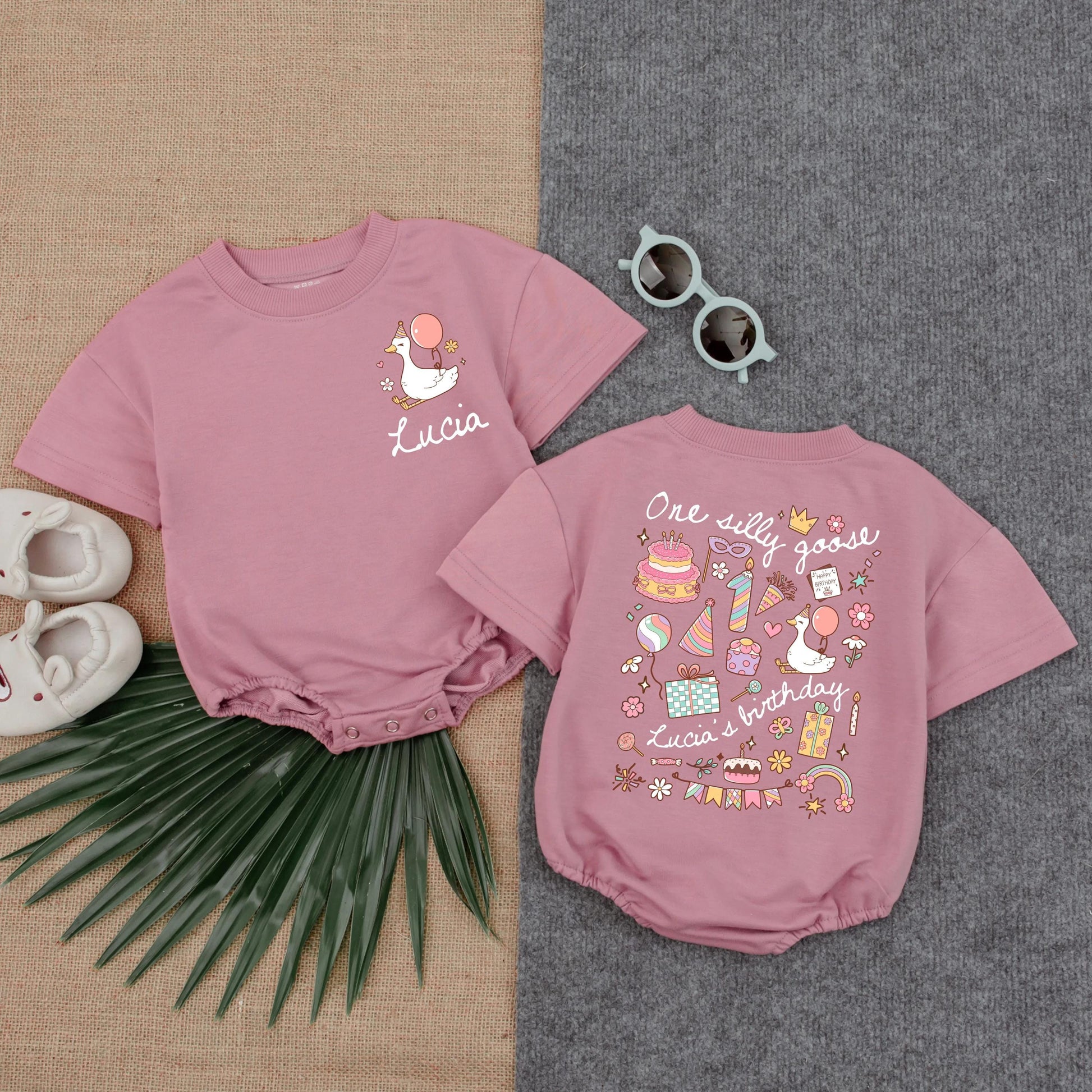 Personalized One Silly Goose Birthday Romper with Balloon & Name Cute Pastel Baby Outfit 1st Birthday Gift