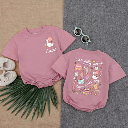 Personalized One Silly Goose Birthday Romper with Balloon & Name Cute Pastel Baby Outfit 1st Birthday Gift