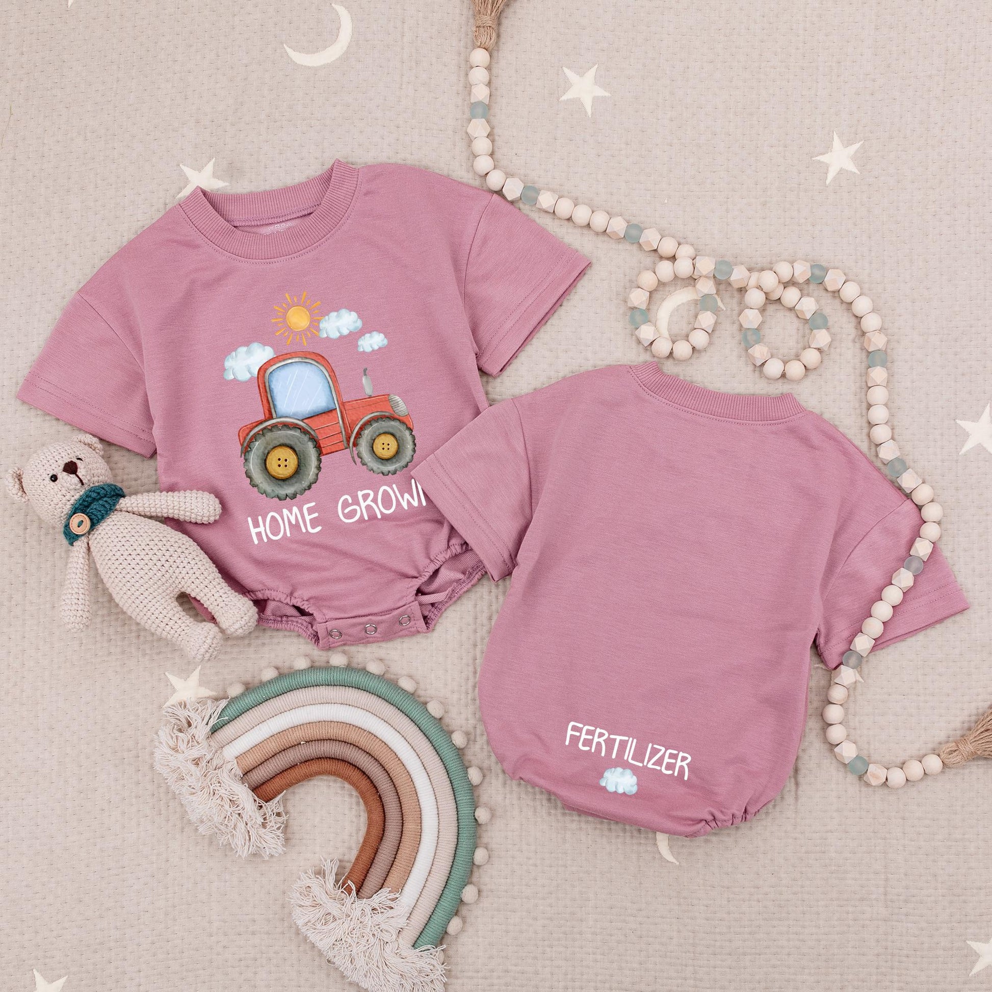 Whimsical Home Grown Baby Romper Featuring Red Tractor Sun & Cloud Art with HOME GRO Text Soft Cotton Infant Farm Life Bodysuit Funny Shower Gift Unisex Bubble Style