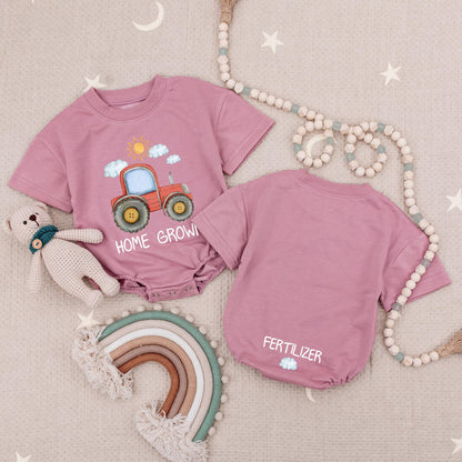 Whimsical Home Grown Baby Romper Featuring Red Tractor Sun & Cloud Art with HOME GRO Text Soft Cotton Infant Farm Life Bodysuit Funny Shower Gift Unisex Bubble Style