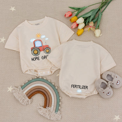 Whimsical Home Grown Baby Romper Featuring Red Tractor Sun & Cloud Art with HOME GRO Text Soft Cotton Infant Farm Life Bodysuit Funny Shower Gift Unisex Bubble Style