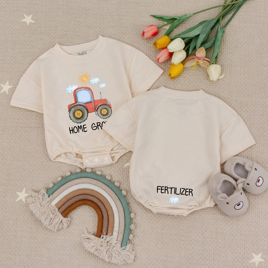 Whimsical Home Grown Baby Romper Featuring Red Tractor Sun & Cloud Art with HOME GRO Text Soft Cotton Infant Farm Life Bodysuit Funny Shower Gift Unisex Bubble Style