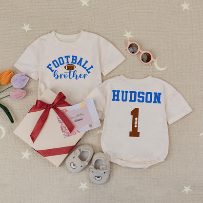Football Brother Hudson Baby Romper Set, Little Bro's Biggest Fan! Custom Name & Number Babysuit, Game Day Outfit for Future Star, Team Blue 1 Jersey  