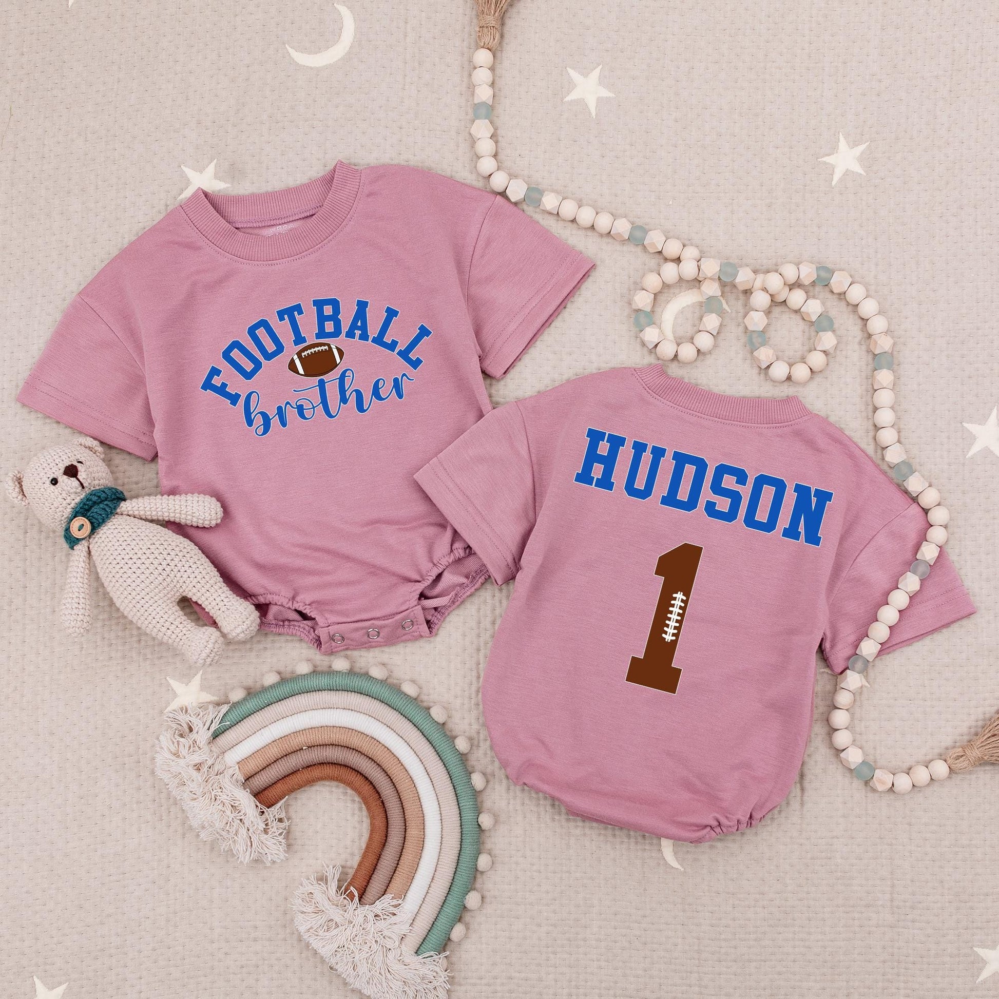 Football Brother Hudson Baby Romper Set, Little Bro's Biggest Fan! Custom Name & Number Babysuit, Game Day Outfit for Future Star, Team Blue 1 Jersey  