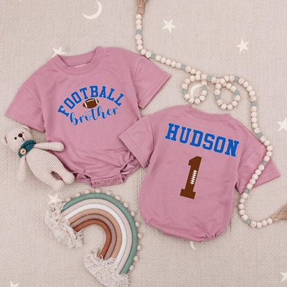 Football Brother Hudson Baby Romper Set, Little Bro's Biggest Fan! Custom Name & Number Babysuit, Game Day Outfit for Future Star, Team Blue 1 Jersey  