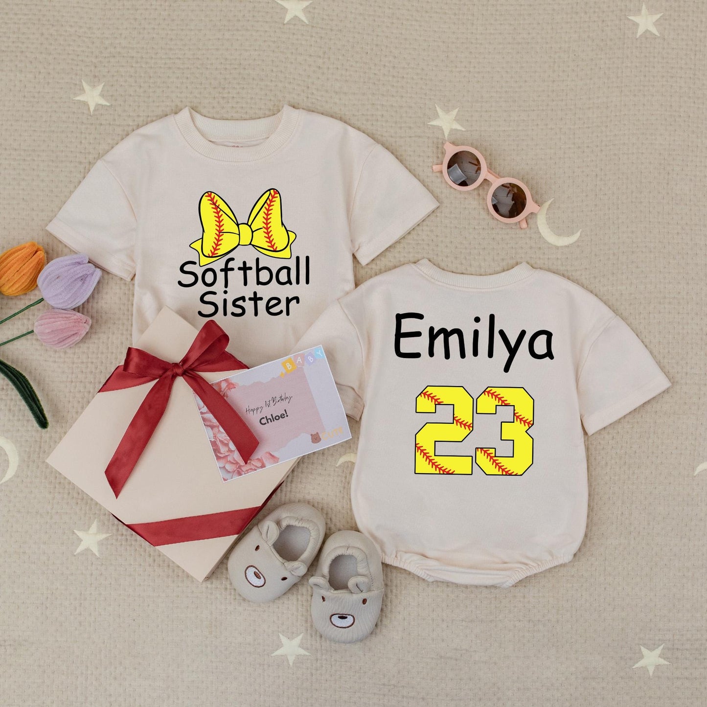 Softball Sister Romper: Custom Emilya 23, Little Sister's Game Day Outfit with Softball Bow, Red Stitches, Playful Baby Shower Gift, Cute Babysuit