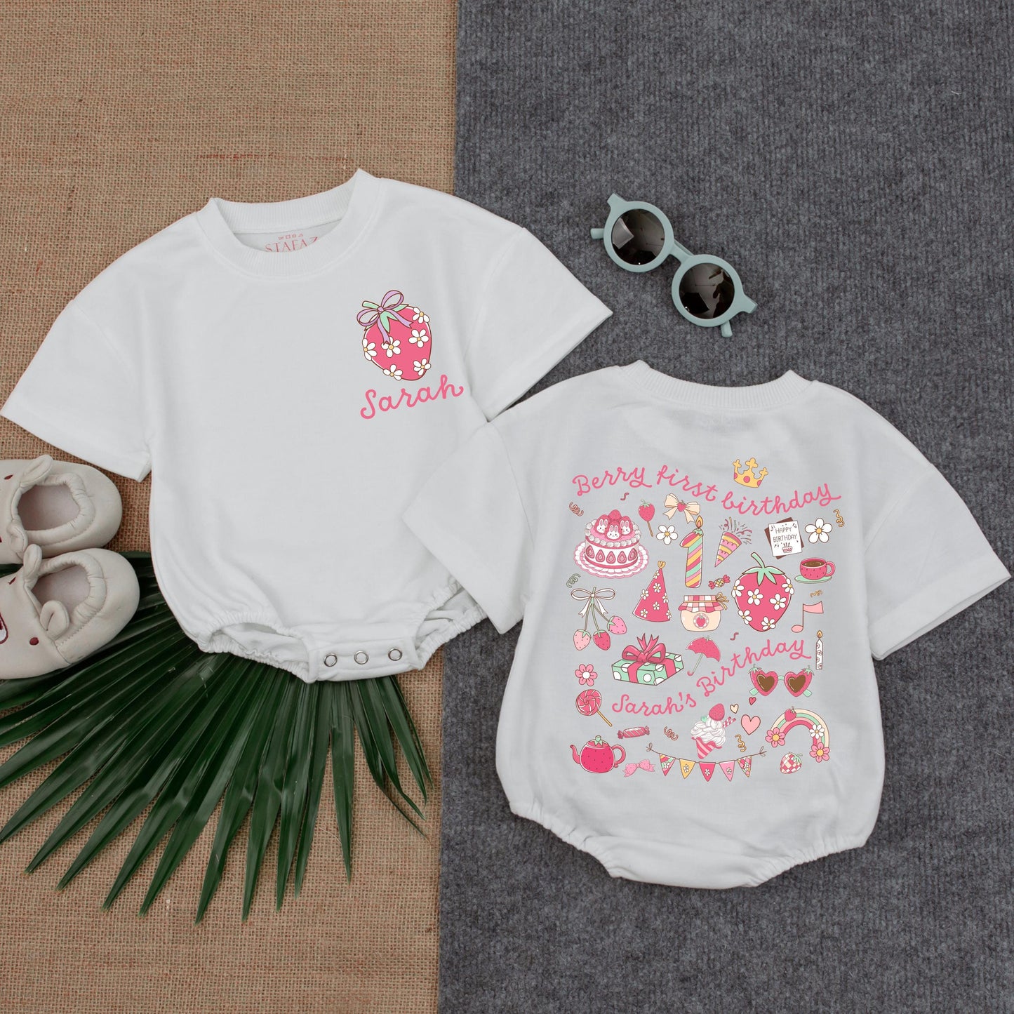 Berry First Birthday Romper for Sarah Cute Strawberry Personalized 1st Birthday Bodysuit Sweet One Baby Girl Outfit Pastel Party Gifts