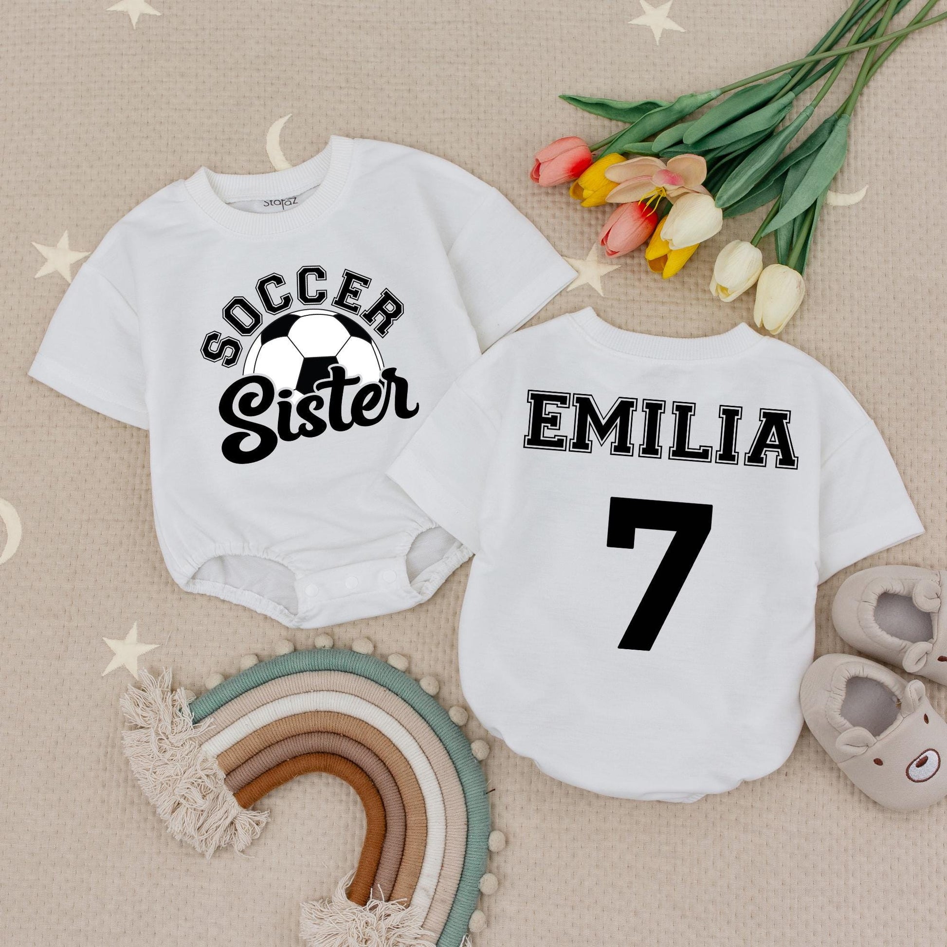 Custom Soccer Sister Romper: Soccer Ball & 'Soccer Sister' Baby Bodysuit, Personalized Name & Number, Gameday Outfit