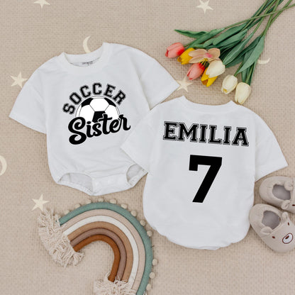 Custom Soccer Sister Romper: Soccer Ball & 'Soccer Sister' Baby Bodysuit, Personalized Name & Number, Gameday Outfit