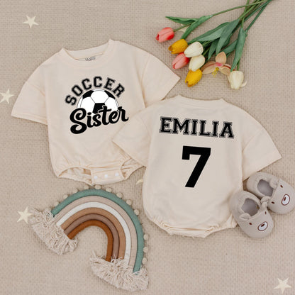 Custom Soccer Sister Romper: Soccer Ball & 'Soccer Sister' Baby Bodysuit, Personalized Name & Number, Gameday Outfit