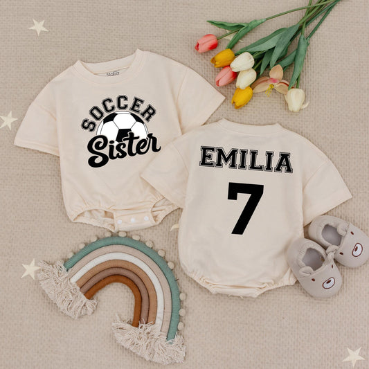 Custom Soccer Sister Romper: Soccer Ball & 'Soccer Sister' Baby Bodysuit, Personalized Name & Number, Gameday Outfit