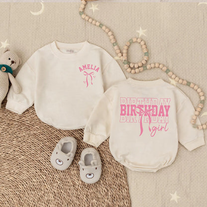 Amelia Birthday Girl Romper Pink Bow Outfit Custom 1st Birthday Outfit Baby Girl Clothes Toddler Party Sweatshirt Cute First Bday Set 138