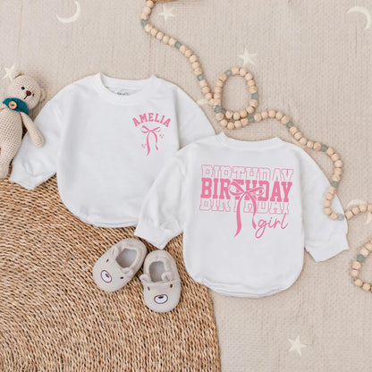 Amelia Birthday Girl Romper Pink Bow Outfit Custom 1st Birthday Outfit Baby Girl Clothes Toddler Party Sweatshirt Cute First Bday Set 138
