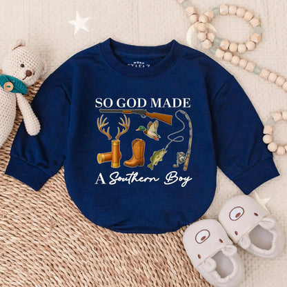 So God Made a Southern Boy Baby Romper: Hunting, Fishing & Duck Design. Outdoor Baby Bodysuit Clothes, Perfect Baby Shower Gift, Deer & Rifle, Browns/Greens (139)