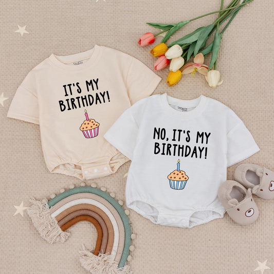 It's My Birthday! Funny Twins Baby Romper with Cupcake Design for First Birthday Boy Girl Cute Twin Outfits