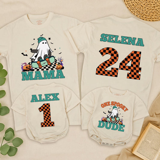 Spooky Dude 1st Birthday Matching Family Halloween Shirts: Custom Name Ghost Skateboard Design, Personalized First Birthday Outfit, Baby Toddler Tee