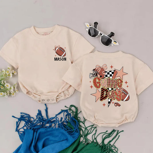 Personalized Playful Game Day Football Romper Vintage Style Polka Dot Houndstooth Striped Checkered Baby Girl Outfit Game Day Season