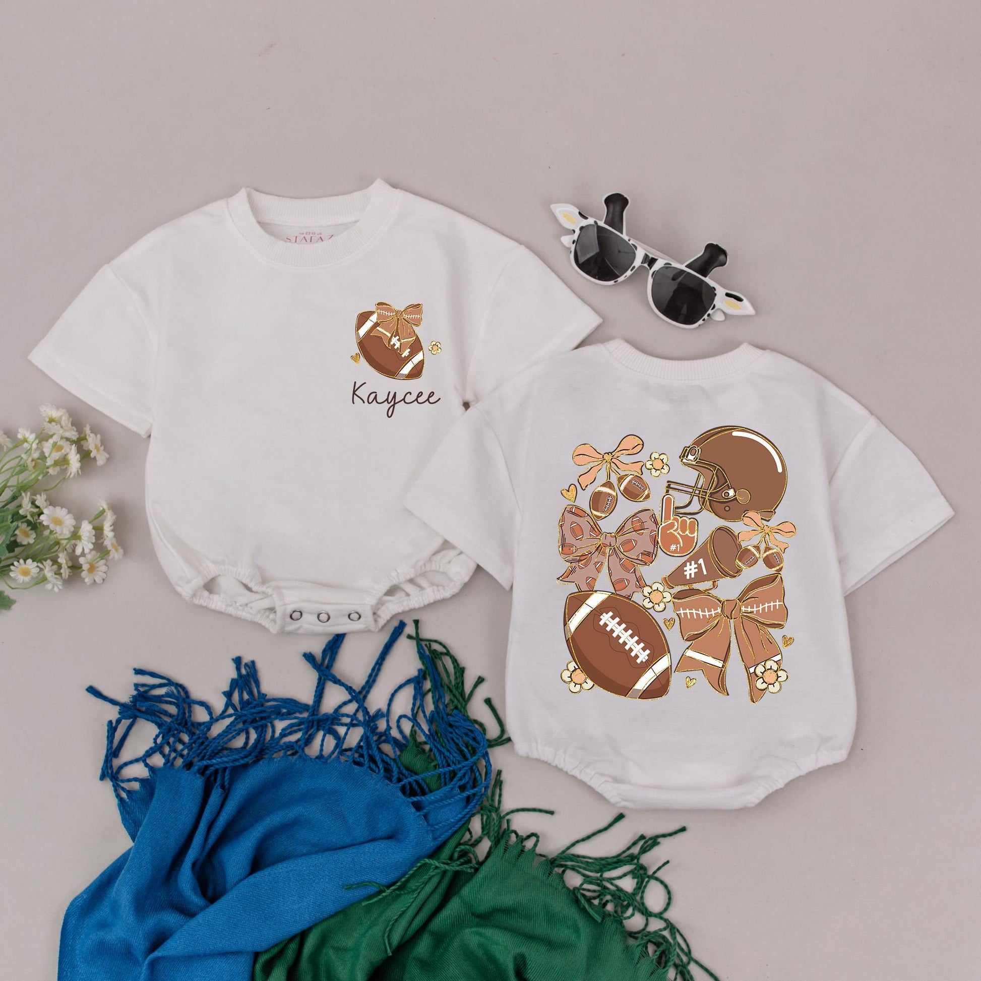 Personalized Game Day Romper: Retro Football Girl Outfit with Name, Bows & Flowers, Vintage-Inspired Baby Shower Gift for Your Little Football Star (139 chars)