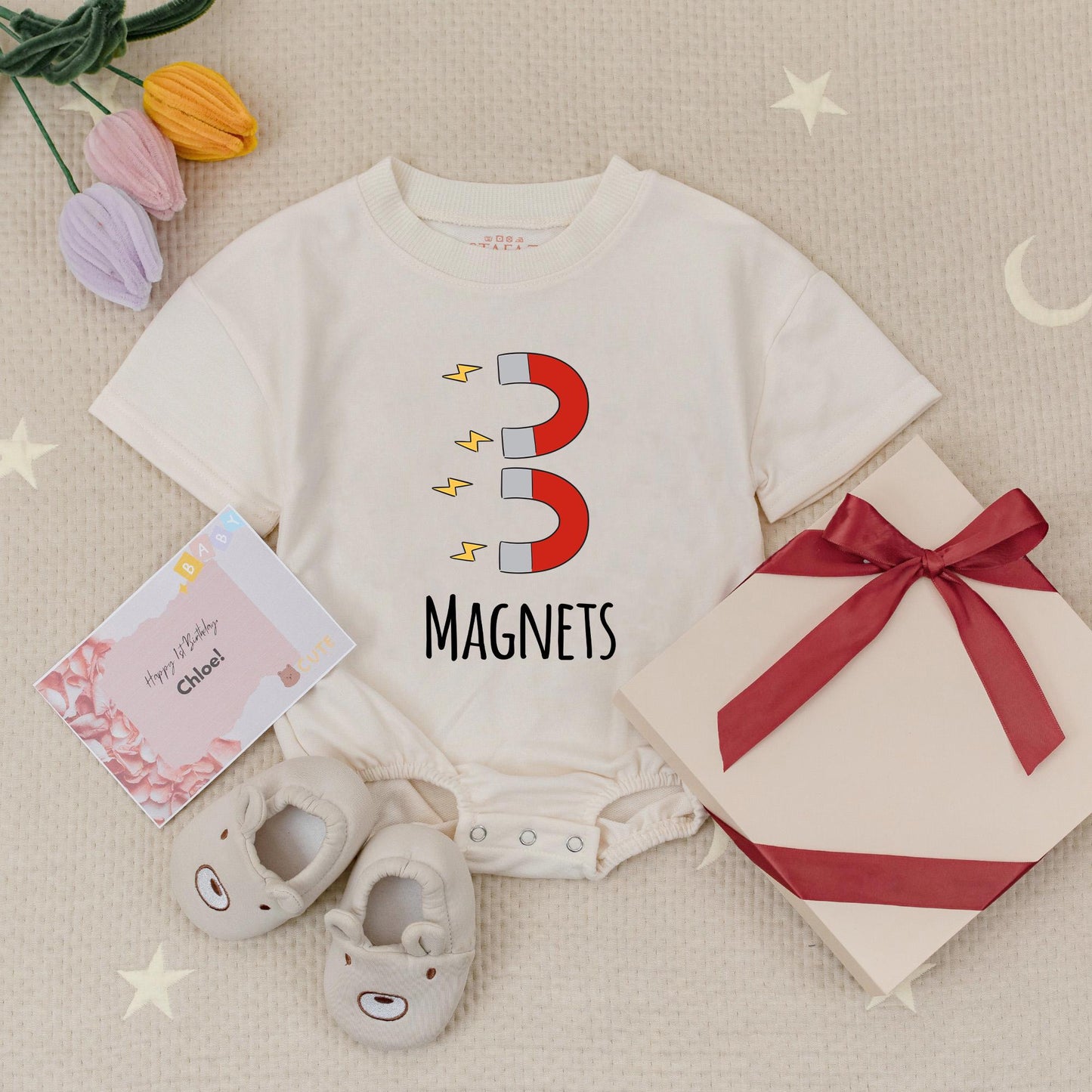 Cute Chick Magnet Twins Romper Set, Funny Baby Boy Bodysuit Matching Outfit, Playful Cartoon Design, Unique Twin Baby Shower Gift Set (138 chars)
