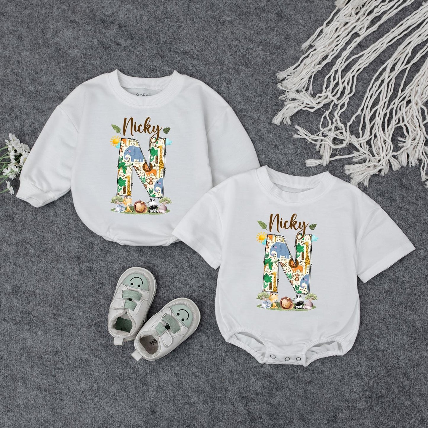 Custom Nicky Jungle Safari Baby Bodysuit & Sweatshirt with Adorable Animals