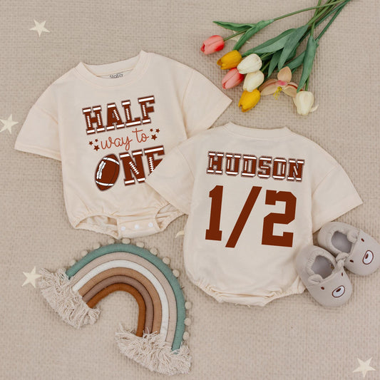 Half Way to One Football Romper - 6 Month Baby Outfit, Custom Name, 1/2 Birthday Party Celebration,  Star Accents, Baby Shower Gift, Boy Sportswear  